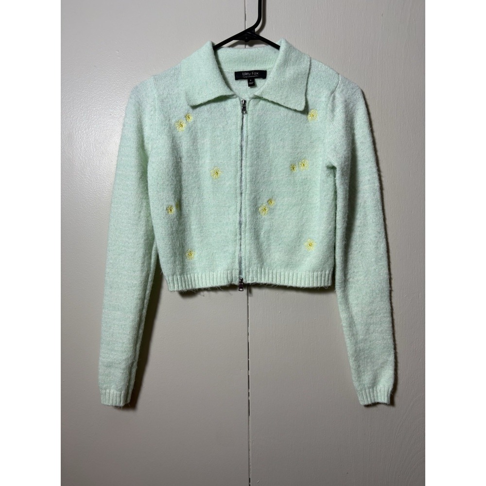 Witty Fox S Mint Green Fuzzy Zip Cardigan Sweater Embroidered Daisy Y2K Cropped